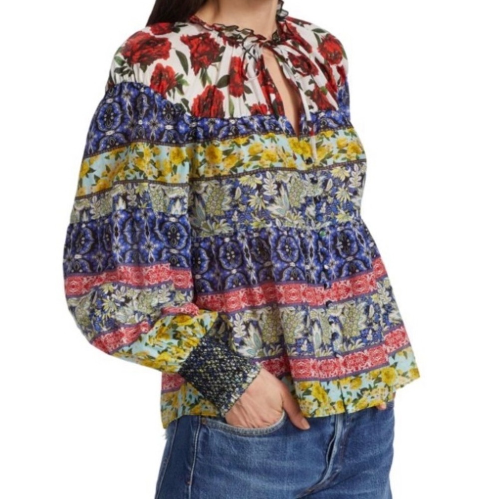 Alice + Olivia Womens Marlyn Floral Print Blouse Top Peasant Bohemian Silk Blend